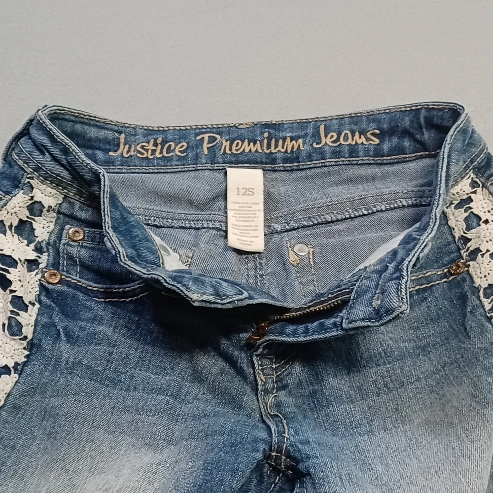 Justice Premium Girls‎ Denim Shorts Size 12S Blue Crochet Lace Side Frayed Hem